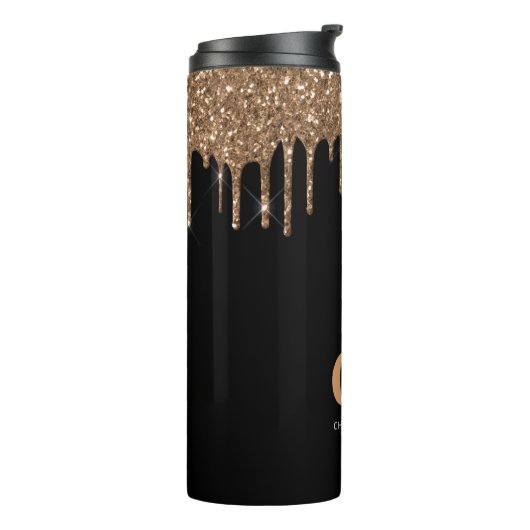 Zwarte goudglitter druppelt monogram glans thermosbeker (Gedraaid links)