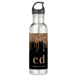 Zwarte goudglitter druppelt monogram glans waterfles