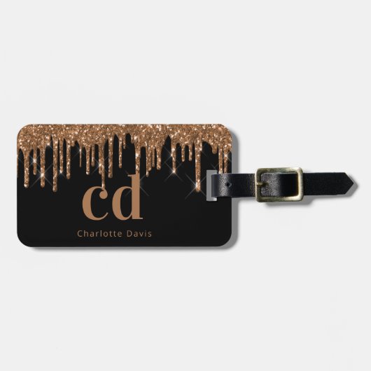 Zwarte goudglitter druppelt monogram naam bagagelabel (Voorkant horizontaal)