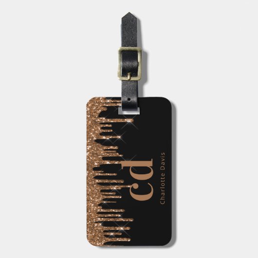 Zwarte goudglitter druppelt monogram naam bagagelabel (Voorkant verticaal)