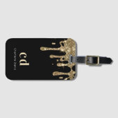 Zwarte goudglitter druppelt monogram naam bagagelabel (Voorkant (horizontaal))