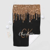 Zwarte goudglitter druppelt monogram naam golfhanddoek (Insitu)