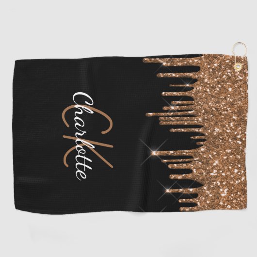 Zwarte goudglitter druppelt monogram naam golfhanddoek (Horizontaal)