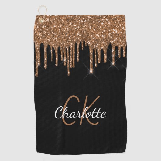 Zwarte goudglitter druppelt monogram naam golfhanddoek (Voorkant)