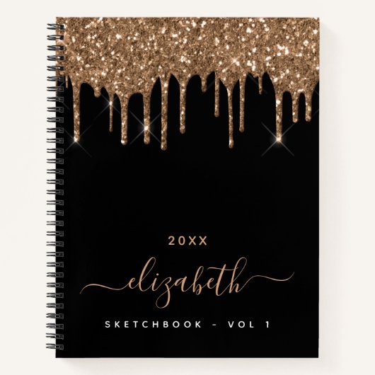 Zwarte goudglitter druppelt monogram naam notitieboek (Voorkant)