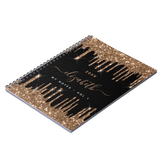 Zwarte goudglitter druppelt monogram naam notitieboek (Linkerzijde)