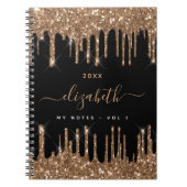 Zwarte goudglitter druppelt monogram naam notitieboek (Voorkant)