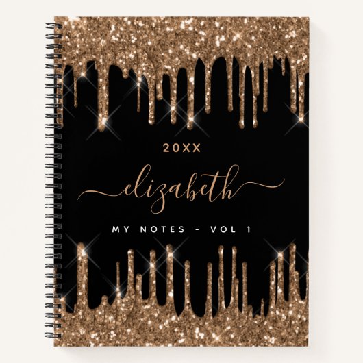 Zwarte goudglitter druppelt monogram naam notitieboek (Voorkant)