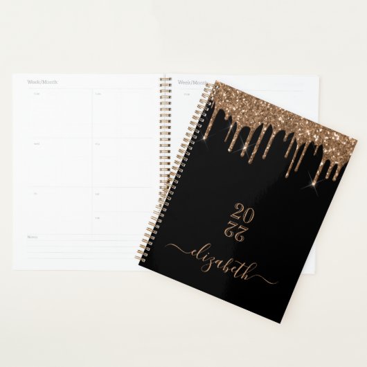 Zwarte goudglitter druppelt monogram naam planner (Display)