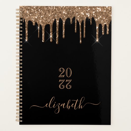 Zwarte goudglitter druppelt monogram naam planner (Voorkant)
