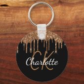 Zwarte goudglitter druppelt monogram naam sleutelhanger (Achterkant)