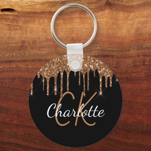 Zwarte goudglitter druppelt monogram naam sleutelhanger (Voorkant)