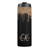 Zwarte goudglitter druppelt monogram sparkle chic thermosbeker (Voorkant)