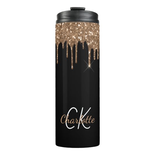 Zwarte goudglitter druppelt monogram sparkle chic thermosbeker (Voorkant)