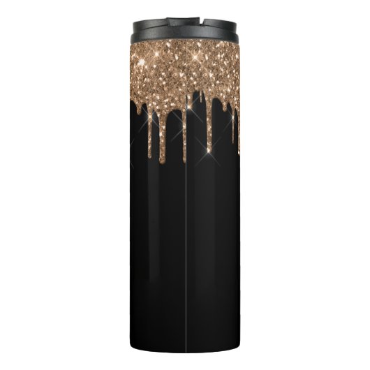 Zwarte goudglitter druppelt monogram sparkle chic thermosbeker (Achterkant)