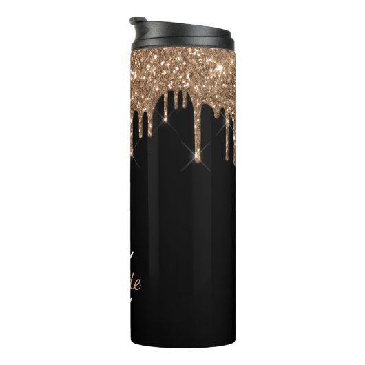 Zwarte goudglitter druppelt monogram sparkle chic thermosbeker (Geroteerd rechts)