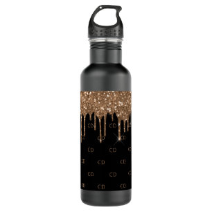 Zwarte goudglitter druppelt monogram sparkle chic waterfles 