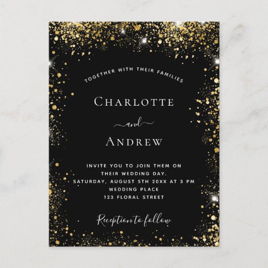 Zwarte goudglitter glamoureuze bruiloft uitnodiging briefkaart (Voorkant)