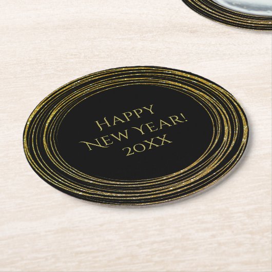 Zwarte goudglitter-kunstdeco van het nieuwjaarsfee ronde kartonnen onderzetter (Gebogen)