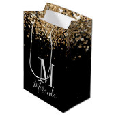Zwarte goudglitter-monogram, aangepaste naam medium cadeauzakje (Voorkant Gekanteld)