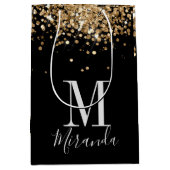 Zwarte goudglitter-monogram, aangepaste naam medium cadeauzakje (Voorkant)