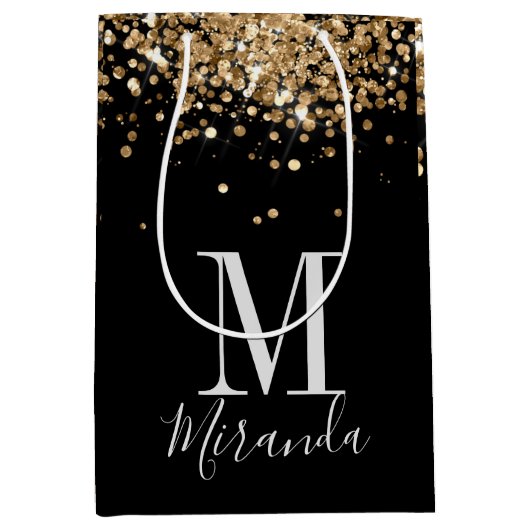 Zwarte goudglitter-monogram, aangepaste naam medium cadeauzakje (Voorkant)
