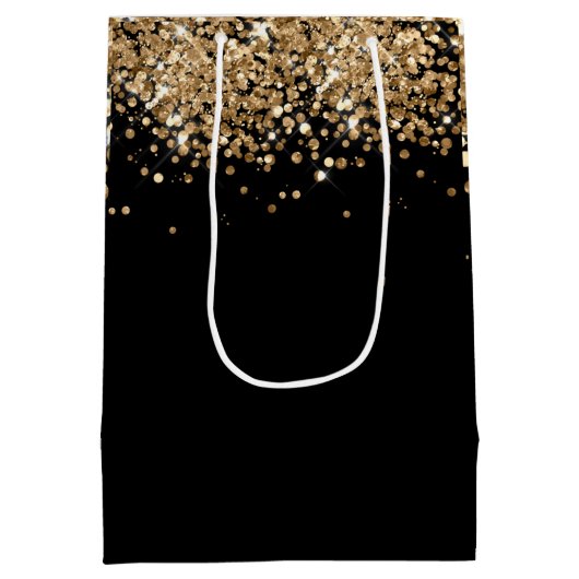 Zwarte goudglitter-monogram, aangepaste naam medium cadeauzakje (Achterkant)