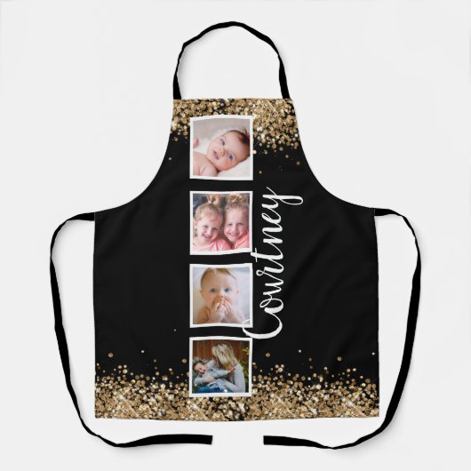 Zwarte goudglitter-monogram, aangepaste naam schort (Voorkant)