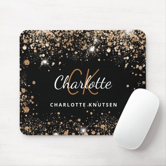 Zwarte goudglitter-monogram, naam muismat (Met muis)