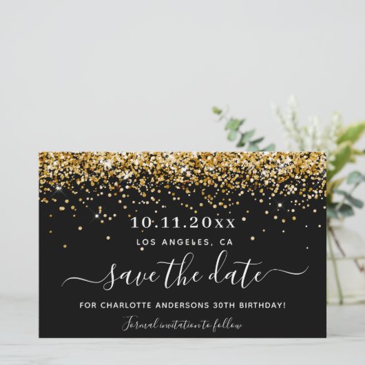 Zwarte goudglitter op feestdag, behalve datum (Staand voorkant)