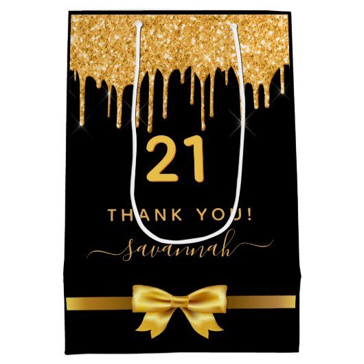 Zwarte goudglitter op feestdag medium cadeauzakje (Achterkant)