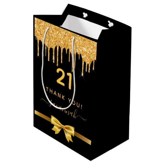 Zwarte goudglitter op feestdag medium cadeauzakje (Achterkant Gekanteld)