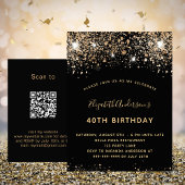 Zwarte goudglitter QR RSVP-uitnodiging Briefkaart