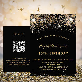 Zwarte goudglitter QR RSVP-uitnodiging Briefkaart