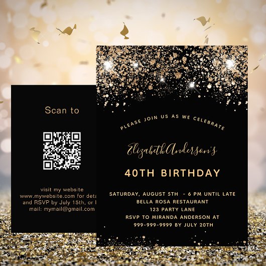 Zwarte goudglitter QR RSVP-uitnodiging Briefkaart