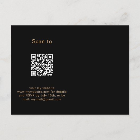 Zwarte goudglitter QR RSVP-uitnodiging Briefkaart (Achterkant)