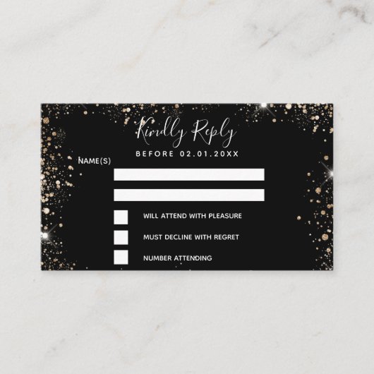 Zwarte goudglitter RSVP Informatiekaartje (Voorkant)