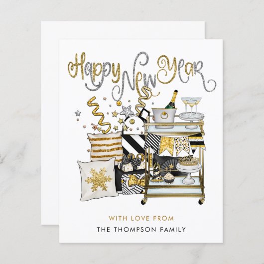 Zwarte goudglitter-script, nieuw jaar (Voorkant / Achterkant)