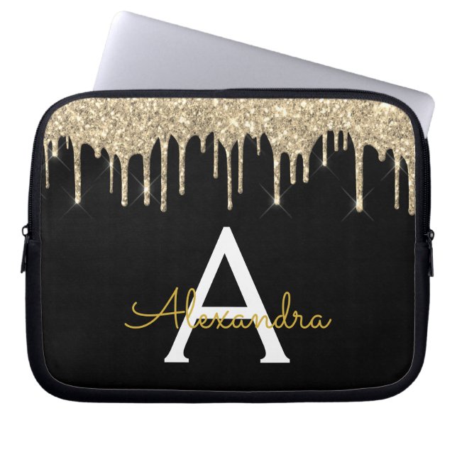 Zwarte goudglitter Sparkle Monogram Laptop Sleeve (Voorkant)