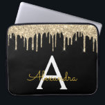 Zwarte goudglitter Sparkle Monogram Laptop Sleeve<br><div class="desc">Zwart en goud faux dripping modern en elegante Girly Glitter en Sparkle Elegant Monogram Hoesje. Dit hoesje kan worden aangepast om uw initiaal en voornaam op te nemen.</div>