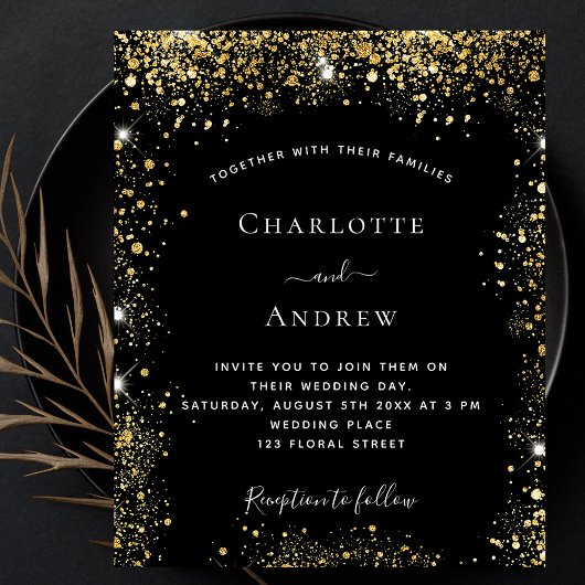 Zwarte goudglitter-uitnodiging voor bruiloft