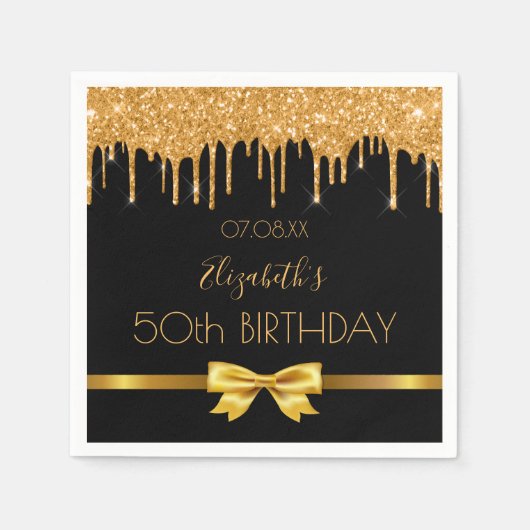 Zwarte goudglitter van het feest druppelt boegnaam servet (Voorkant)