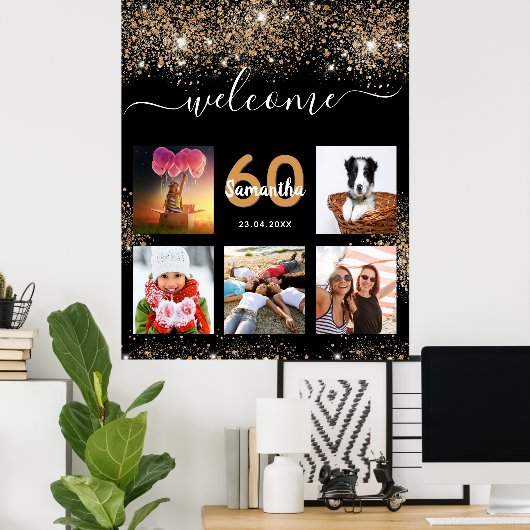 Zwarte goudglitter welkom op feestdag poster (Thuiskantoor)