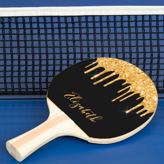 Zwarte goudglitterdrip tafeltennisbatje (Insitu)
