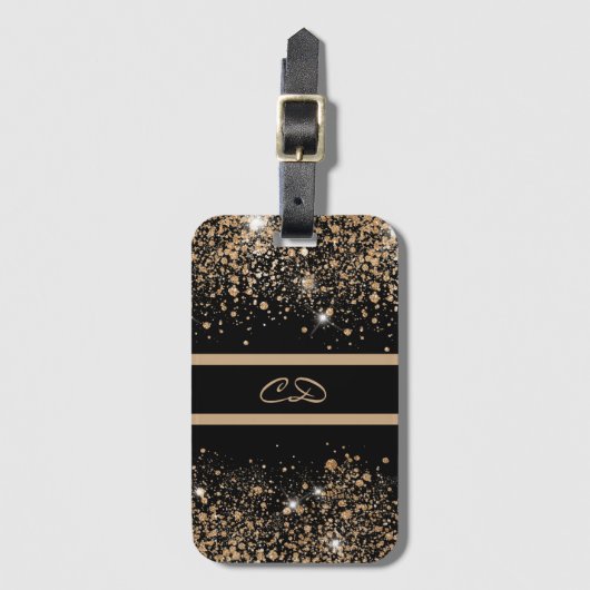Zwarte goudglittermonogram initiaal bagagelabel (Voorkant (verticaal))