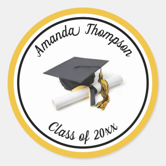 Zwarte & goudkleurige dop en tassel ronde sticker (Voorkant)