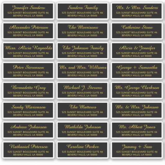 Zwarte goudkleurige elegante etiketten op gastenad sticker (Voorkant)