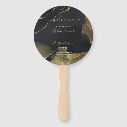 zwarte & goudkleurige handbedekking handwaaier (Voorkant)