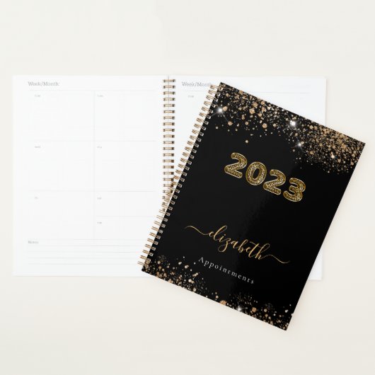 Zwarte goudluipaard dierglittermonogram 2023 planner (Display)