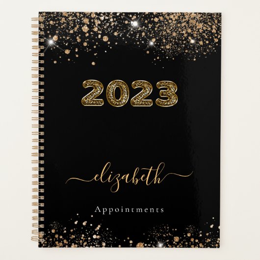 Zwarte goudluipaard dierglittermonogram 2023 planner (Voorkant)